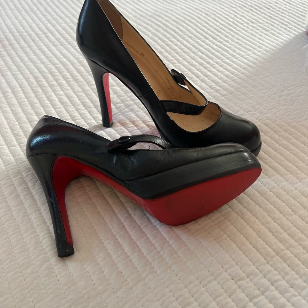 Christian Louboutin Black Leather Mary Jane Pumps with Red Soles